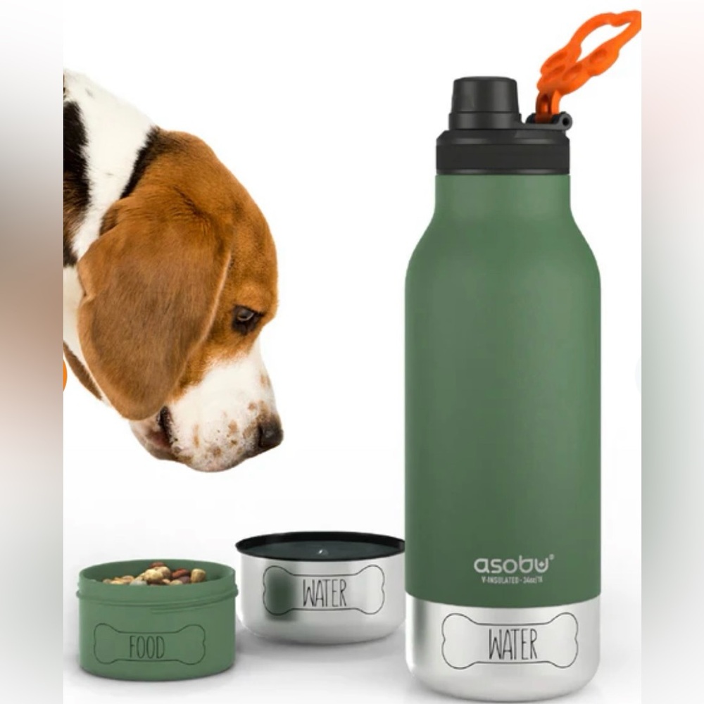New Asobu Buddy Bottle SS Insulated 34oz Water Bottle with 2 Removable Dog Bowls